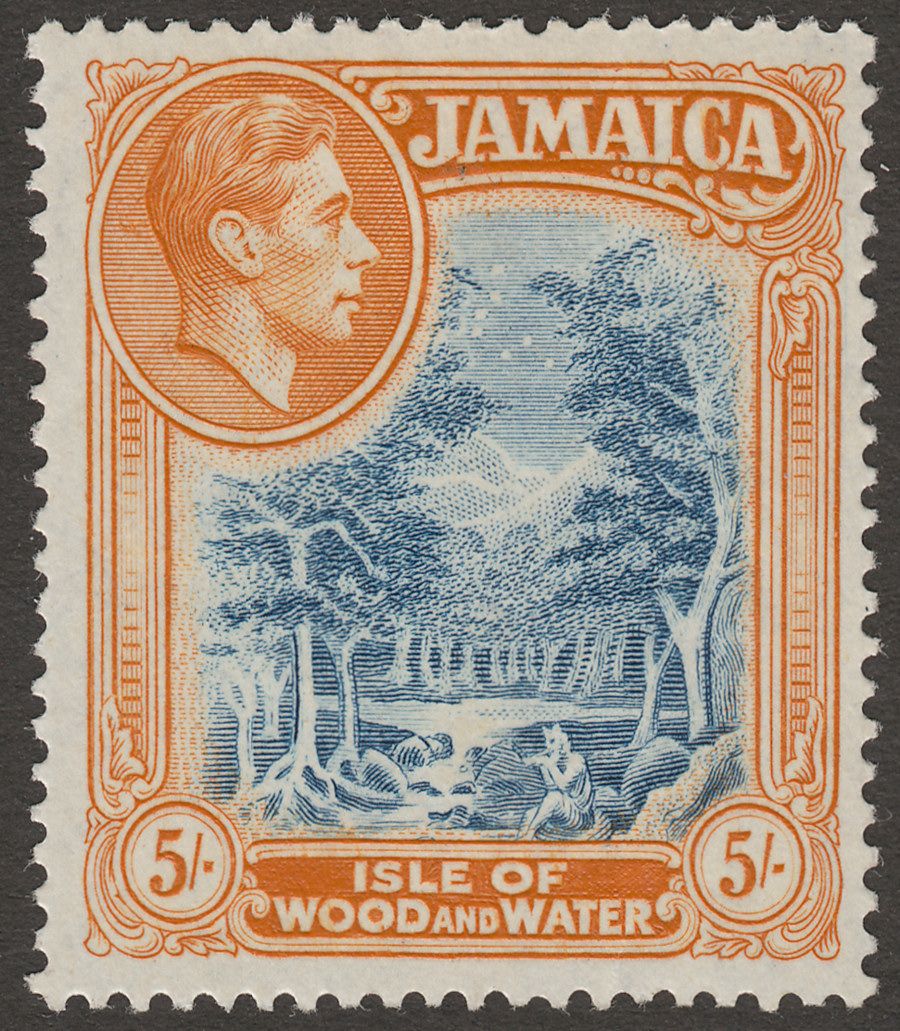 Jamaica 1938 KGVI 5sh Slate-Blue and Yellow-Orange p14 Mint SG132