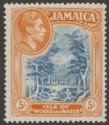 Jamaica 1938 KGVI 5sh Slate-Blue and Yellow-Orange p14 Mint SG132