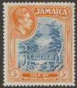 Click for more photos and details Jamaica 1938 KGVI 5sh Slate-Blue and Yellow-Orange p14 Mint SG132