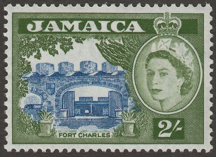 Jamaica 1956 QEII Fort Charles 2sh Blue and Bronze-Green Mint SG170