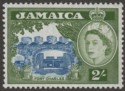 Click for more photos and details Jamaica 1956 QEII Fort Charles 2sh Blue and Bronze-Green Mint SG170