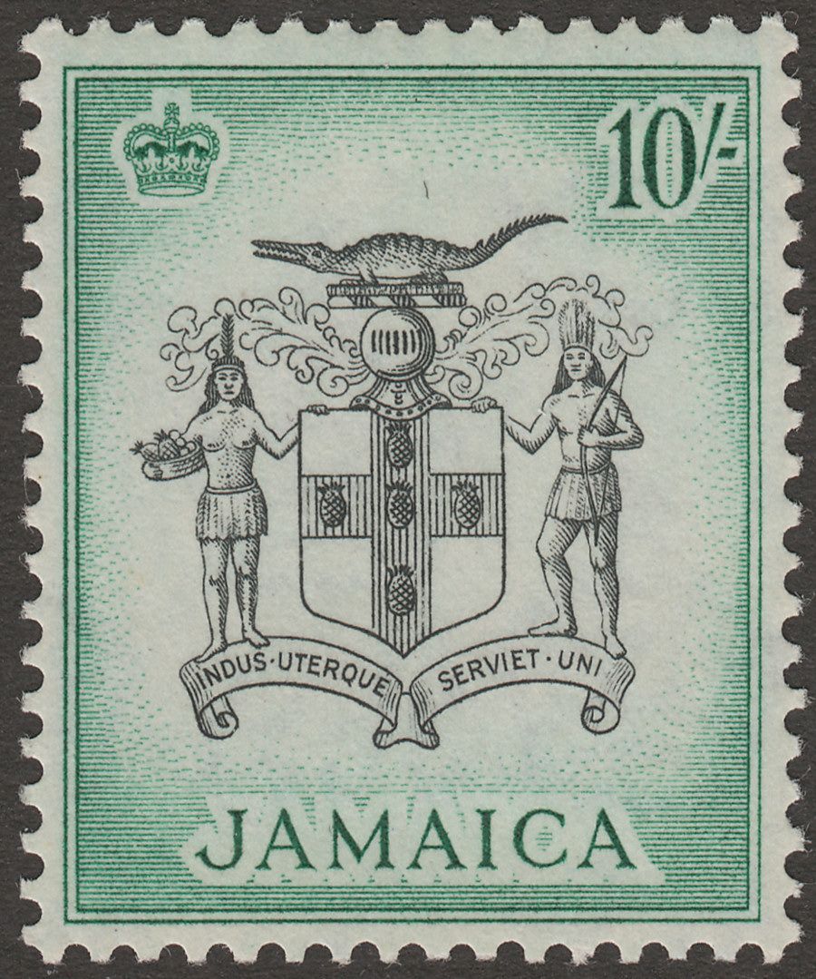 Jamaica 1956 QEII Arms 10sh Black and Blue-Green Mint SG173