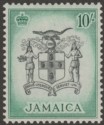 Click for more photos and details Jamaica 1956 QEII Arms 10sh Black and Blue-Green Mint SG173