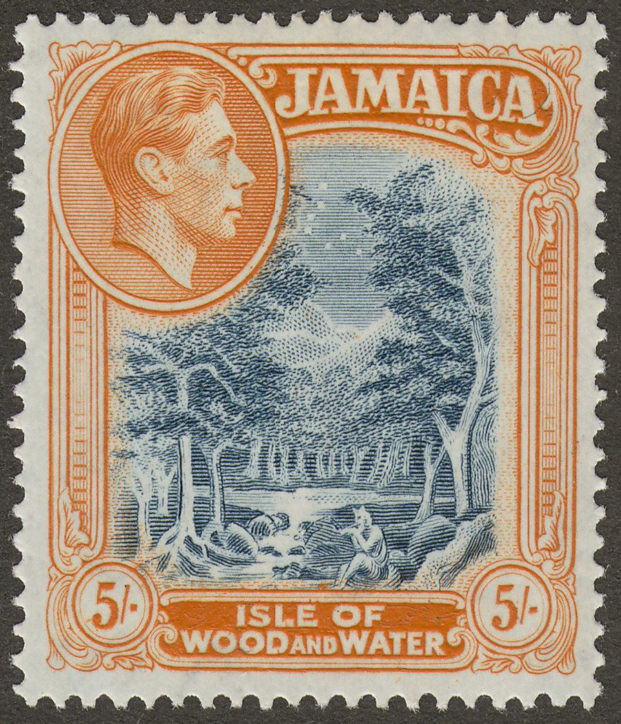 Jamaica 1938 KGVI 5sh Slate-Blue and Yellow-Orange p14 Mint SG132