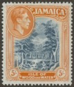 Click for more photos and details Jamaica 1938 KGVI 5sh Slate-Blue and Yellow-Orange p14 Mint SG132