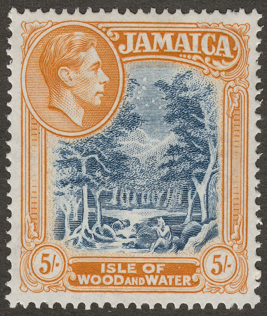 Jamaica 1938 KGVI 5sh Slate-Blue and Yellow-Orange p14 Mint SG132