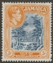 Click for more photos and details Jamaica 1938 KGVI 5sh Slate-Blue and Yellow-Orange p14 Mint SG132