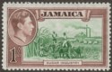 Click for more photos and details Jamaica 1938 KGVI 1sh Green and Purple-Brown Mint SG130