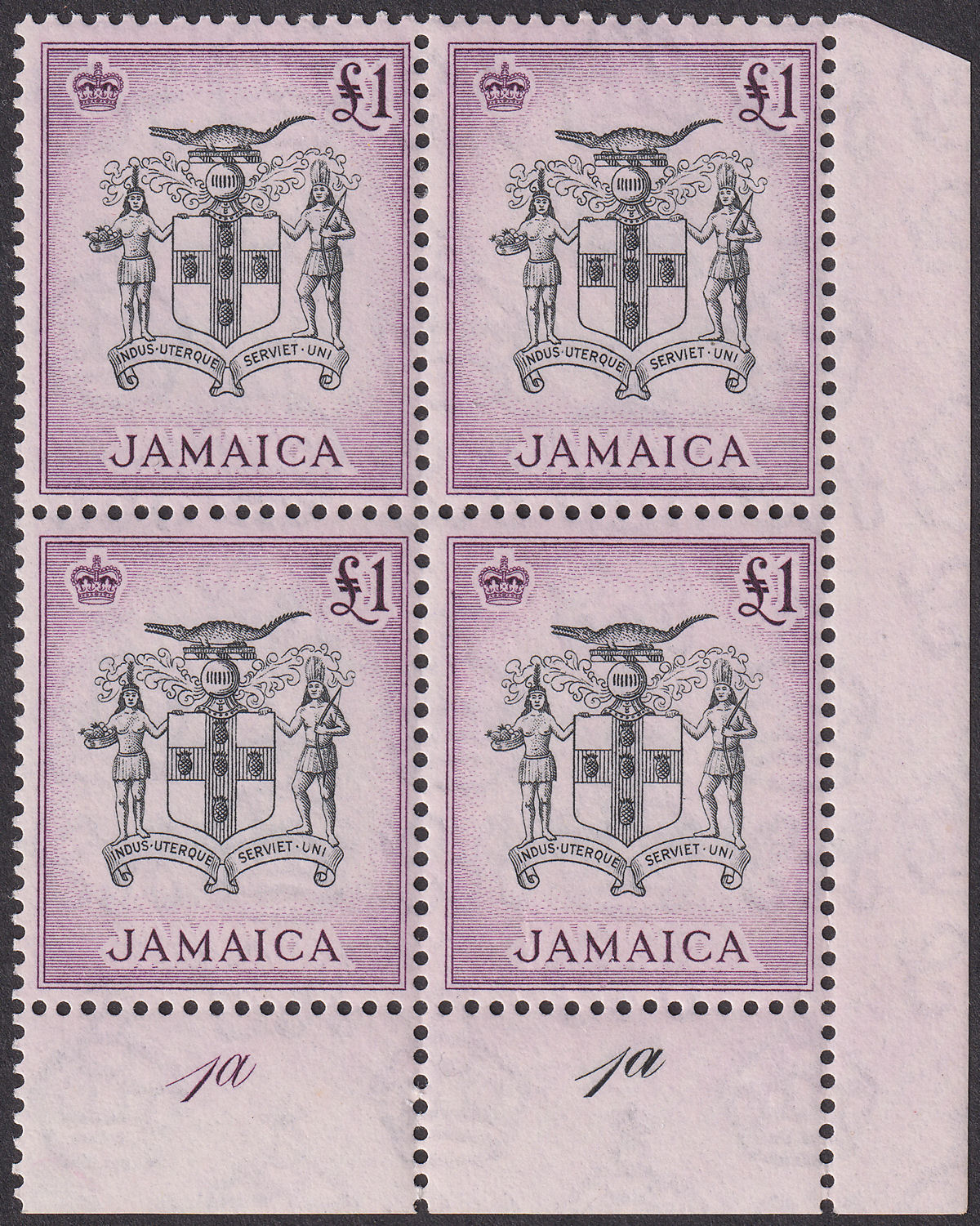 Jamaica 1956 QEII Arms £1 Black + Purple Plate 1a Block of 4 Mint SG174 cat £168