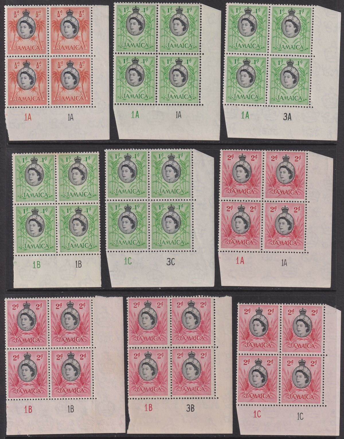 Jamaica 1956-58 Queen Elizabeth II Plate No Part Block Set to 1sh6d Mint