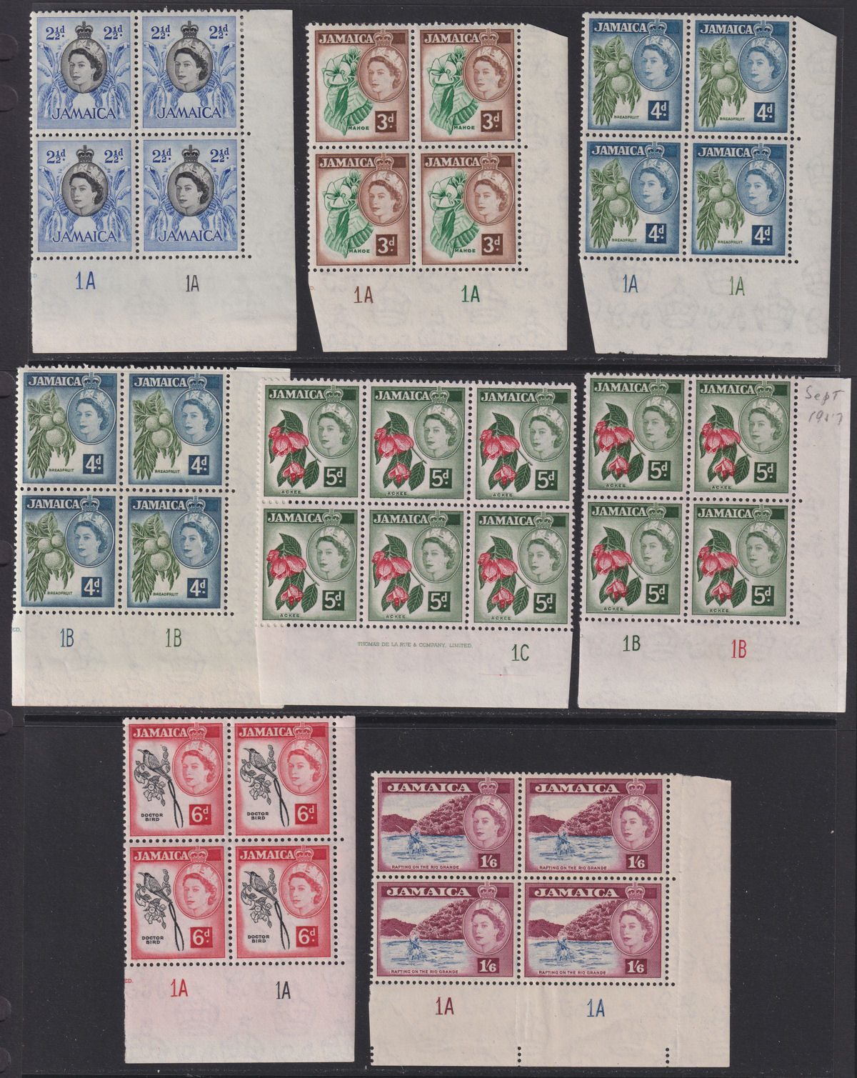 Jamaica 1956-58 Queen Elizabeth II Plate No Part Block Set to 1sh6d Mint