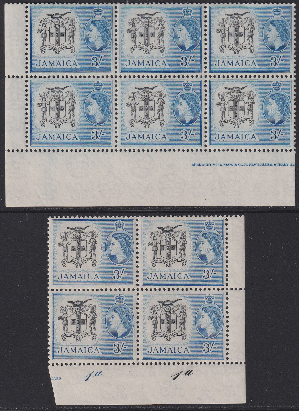 Jamaica 1956 QEII Arms 5sh Imprint / Plate No 1a-1a Blocks Mint SG171