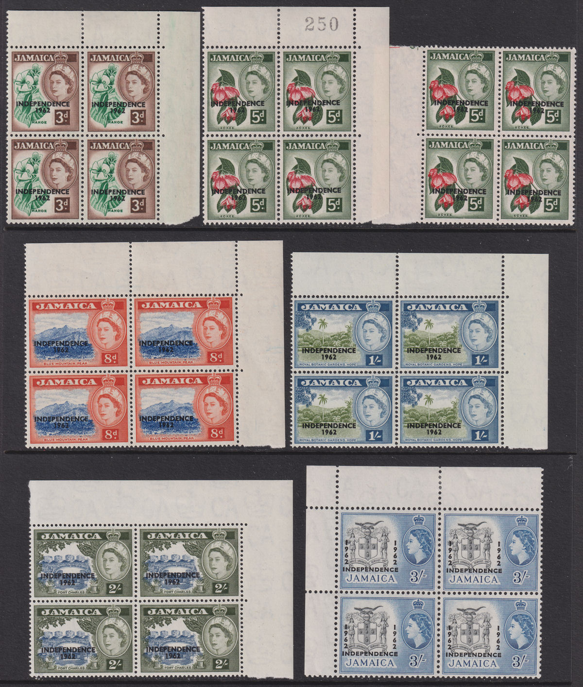 Jamaica 1962 Independence Overprint Part Block Set to 3sh Mint