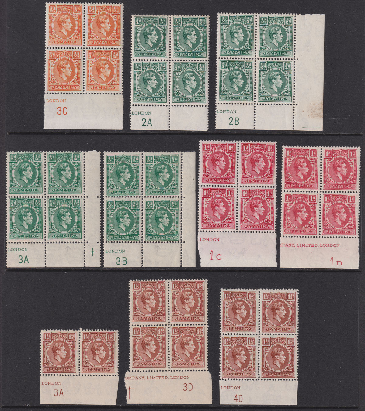Jamaica 1938-52 KGVI ½d, 1d, 1½d Plate Number Blocks Mint