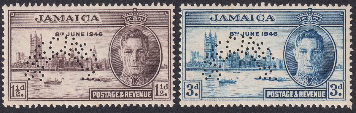 Jamaica 1946 KGVI Victory SPECIMEN Perf Pair Mint SG141s-142s cat £90 toned gum
