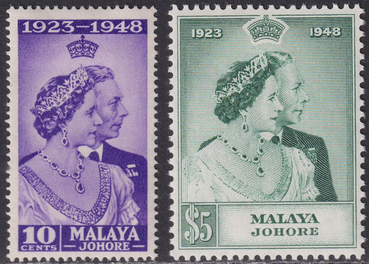 Malaya Johore 1948 KGVI Royal Silver Wedding 10c and $5 Mint SG131-132 cat £30