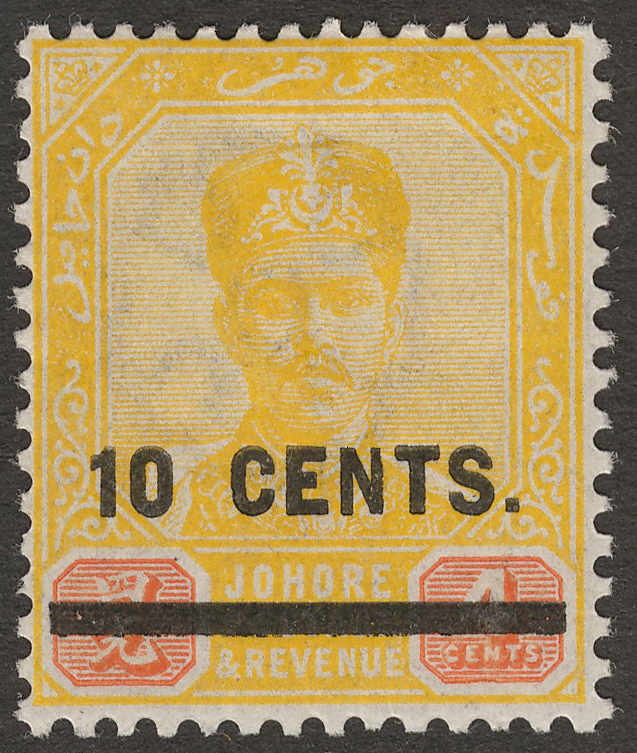Malaya Johore 1904 Sultan Ibrahim 10c on 4c Yellow and Red Surcharge Mint SG58