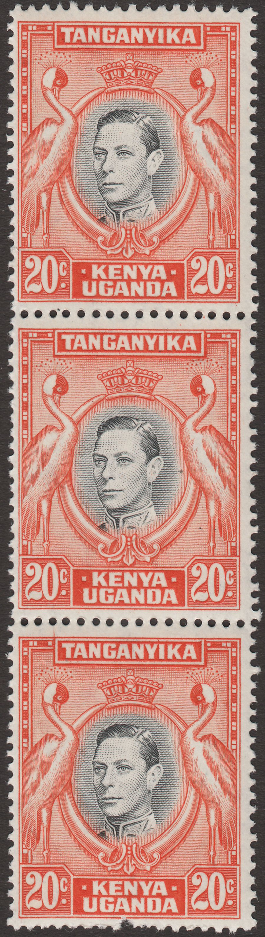 Kenya Uganda Tanganyika 1942 KGVI 20c Black and Orange Strip of 3 Mint SG139b