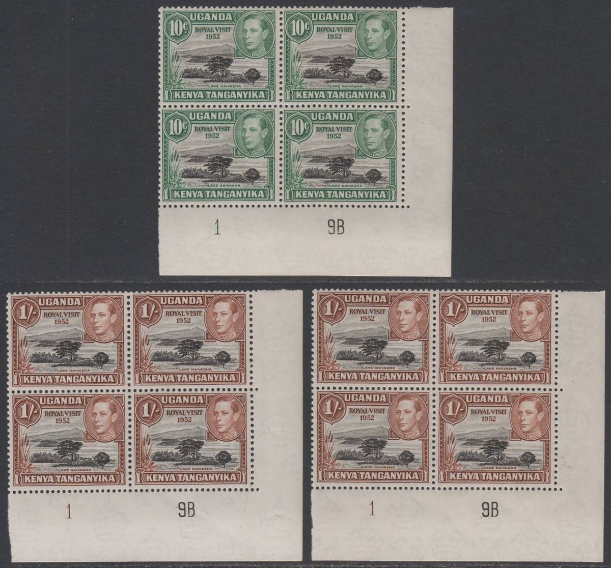 Kenya Uganda Tanganyika 1952 KGVI Royal Visit 10c, 1sh Plate Blocks Mint SG163-4