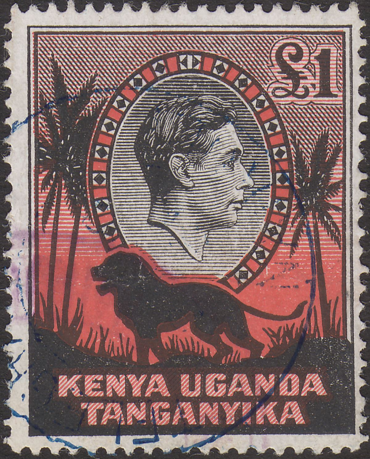Kenya Uganda Tanganyika 1944 KGVI Lion £1 perf 14 Ordinary Used SG150b cat £35