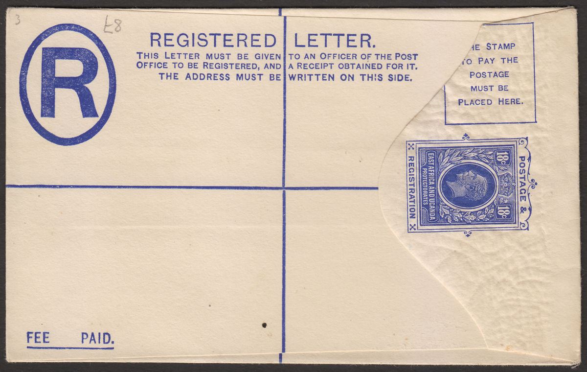 East Africa and Uganda c1913 KGV 18c Postal Stationery Registered Cover Unused