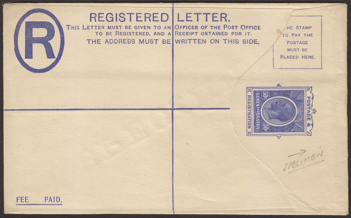 Kenya and Uganda 1923 KGV 50c SPECIMEN Opt 50c Registered G Postal Stat Cover