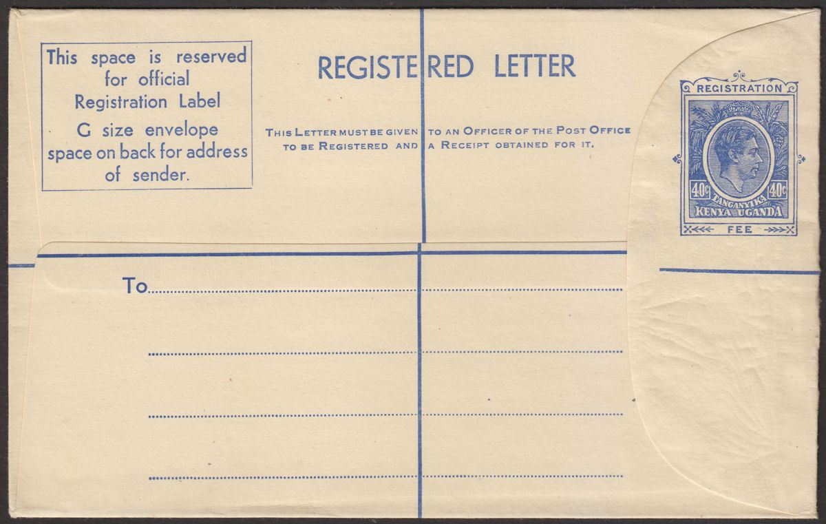 Kenya Uganda Tanganyika 1952 KGVI 40c Registered G Postal Stat Cover Unused