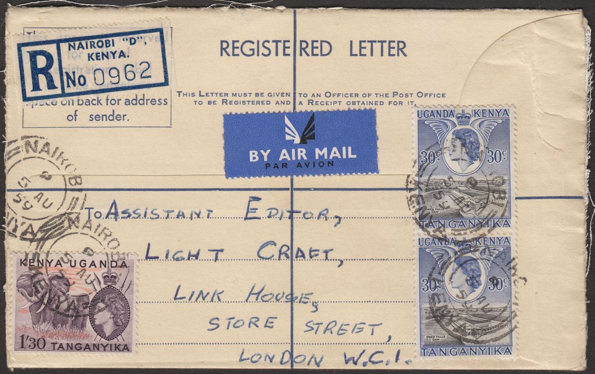 Kenya Uganda Tanganyika 1959 QEII 1sh30, 30c x2 Registered Post Stat Cover Used