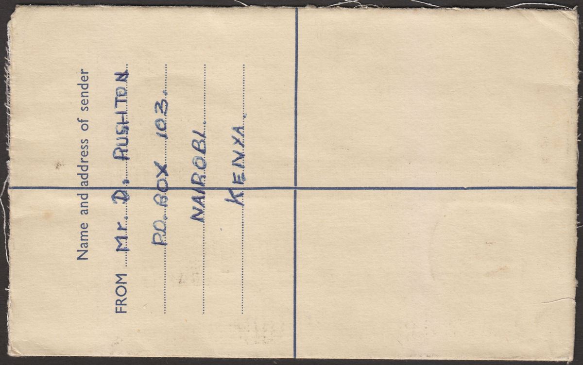 Kenya Uganda Tanganyika 1959 QEII 1sh30, 30c x2 Registered Post Stat Cover Used