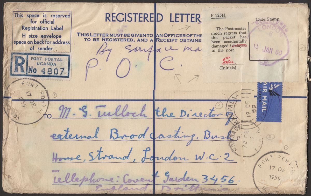 Kenya Uganda Tanganyika 1959 QEII 1sh x2 Regd PS Cover Used with Damage Label