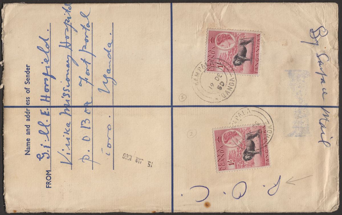 Kenya Uganda Tanganyika 1959 QEII 1sh x2 Regd PS Cover Used with Damage Label