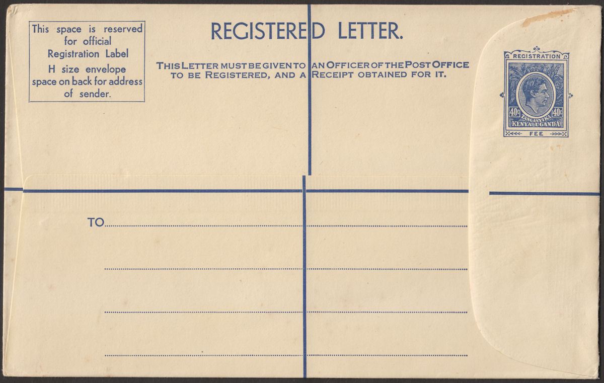 Kenya Uganda Tanganyika 1952 KGVI 40c Registered H Postal Stat Cover Unused