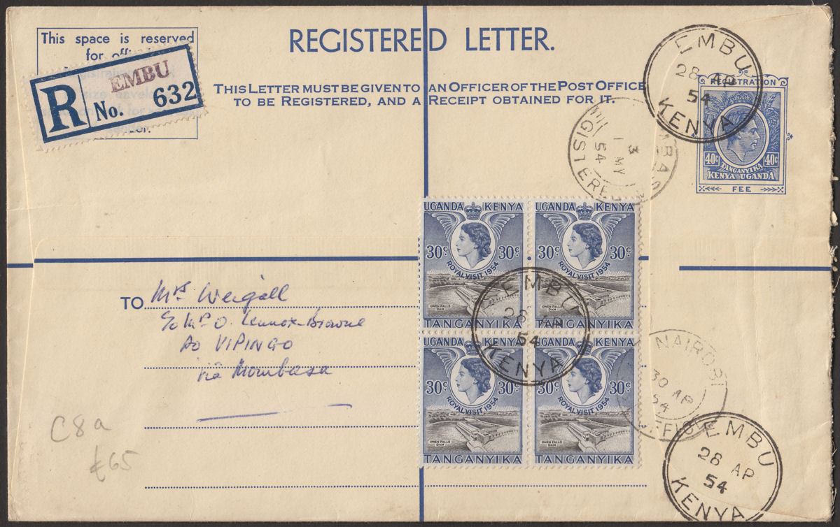 Kenya Uganda Tanganyika 1954 QEII 30c x4 Used on KGVI 40c Regd PS Cover EMBU Pmk