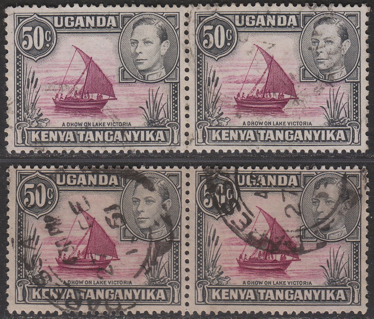 Kenya Uganda Tanganyika 1938-50 KGVI 50c p13x11¾ p13x12½ Pairs Used SG144 144ea