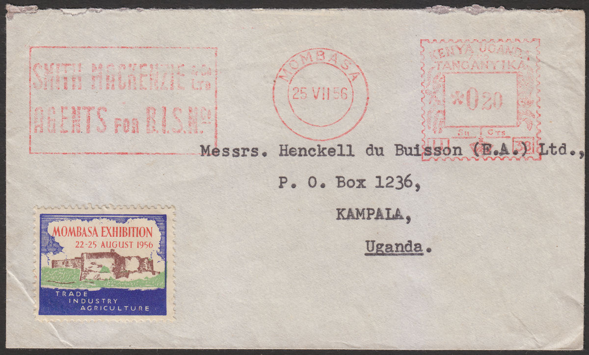 Kenya Uganda Tanganyika 1956 20c Cover Used with Mombasa Exhibition Label