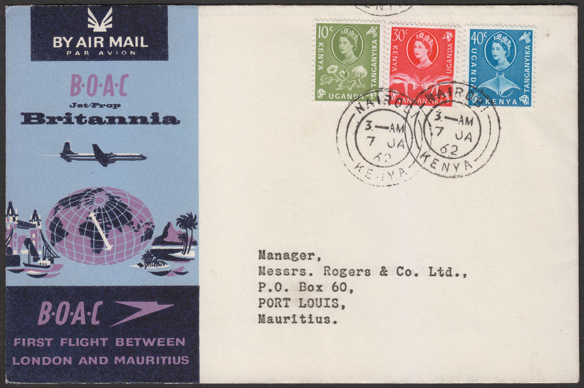 Kenya Uganda Tanganyika 1962 QEII BOAC First Flight Cover Nairobi to Mauritius