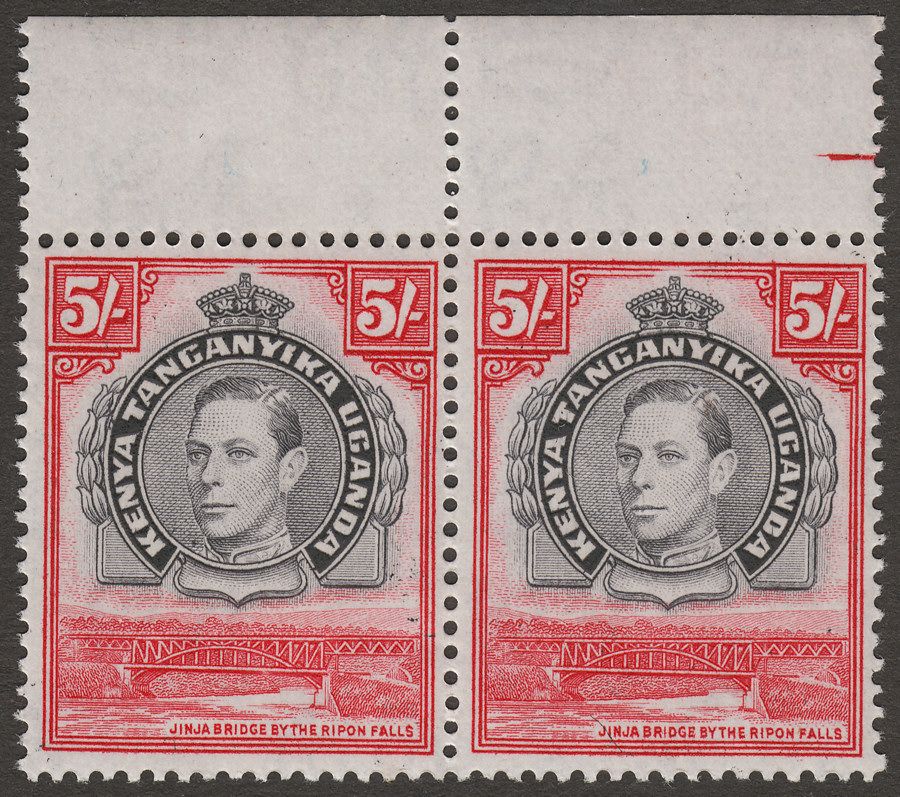 Kenya Uganda Tanganyika 1944 KGVI 5sh p13¼ x 13¾ Pair Mint SG148b