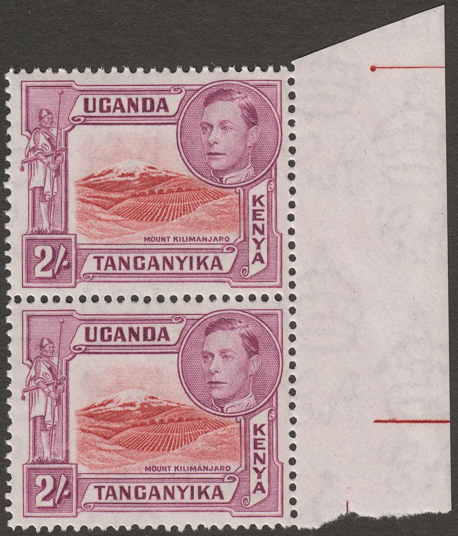 Kenya Uganda Tanganyika 1944 KGVI 2sh p13¾ x 13¼ Pair Mint SG146b