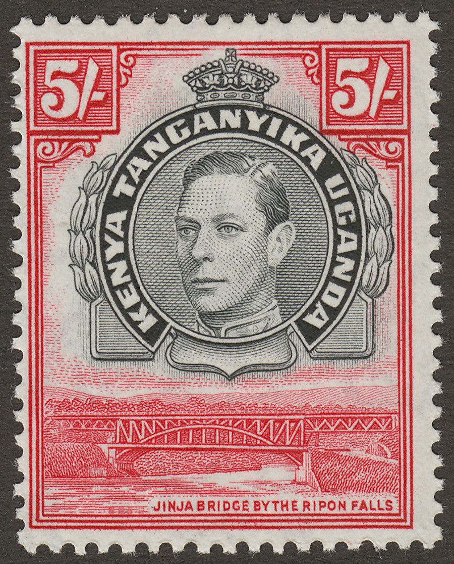 Kenya Uganda Tanganyika 1944 KGVI 5sh Black and Carmine p13¼ x 13¾ Mint SG148b