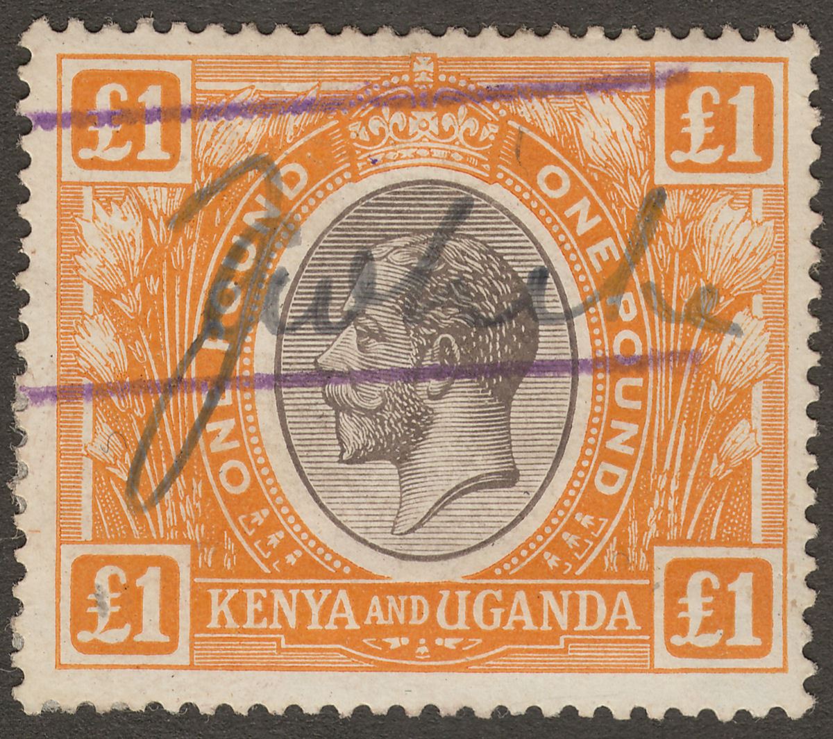Kenya and Uganda 1922 KGV £1 Black + Orange Fiscal Used SG95 cat £325 as postal