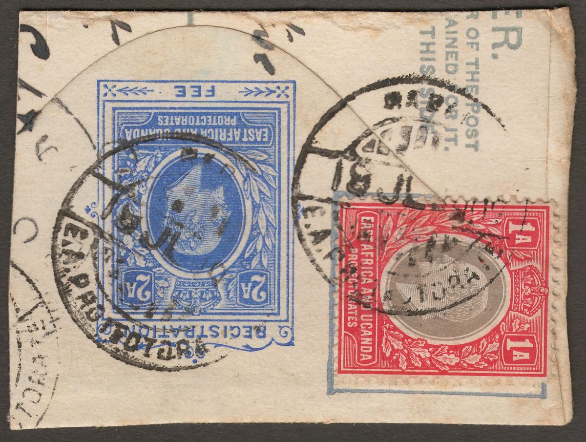 East Africa and Uganda 1909 KEVII 1a Uprating 2a PS Piece Used w RABAI Postmarks