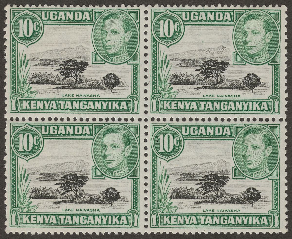 Kenya Uganda Tanganyika 1949 KGVI 10c Block Four Mountain Retouch Mint SG135a