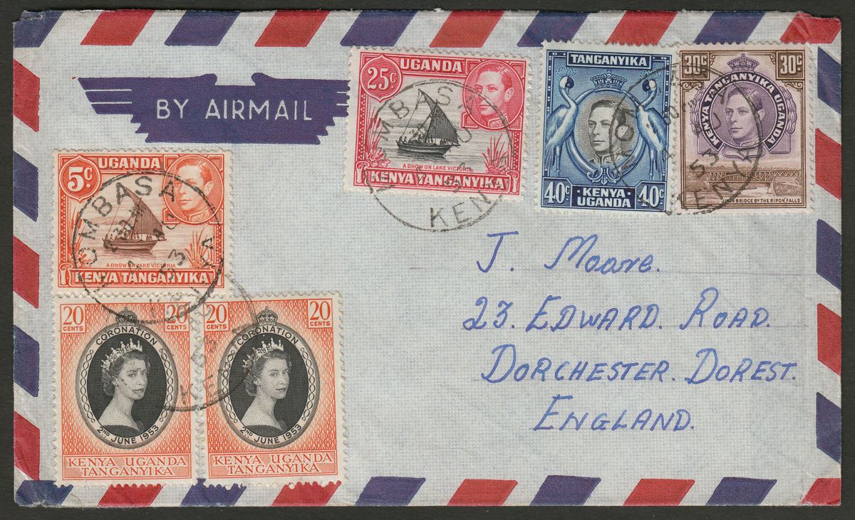 Kenya Uganda Tanganyika 1953 KGVI/QEII Multi Stamp Cover Mombasa to UK