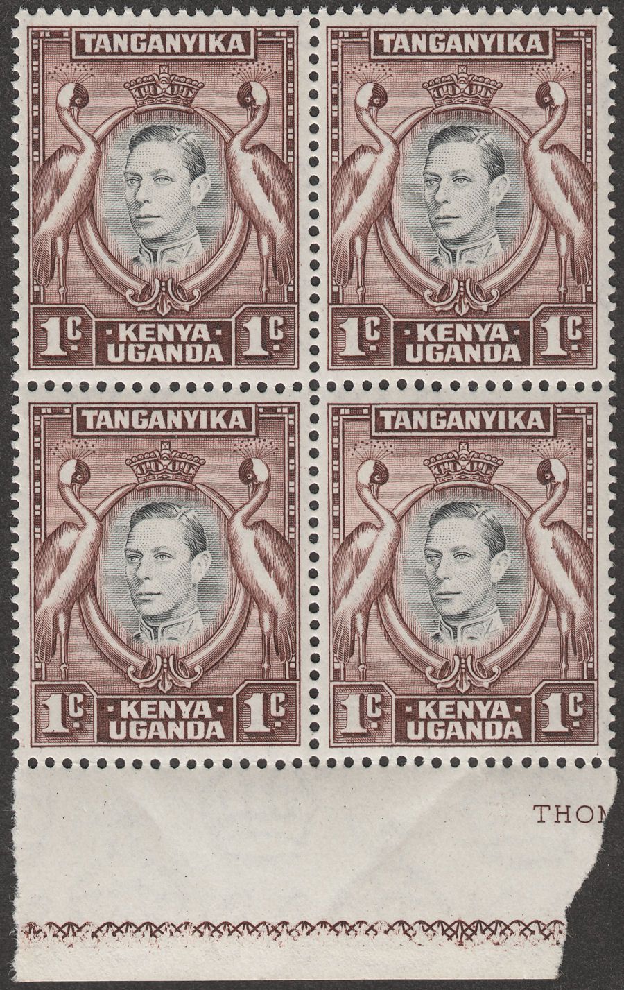 Kenya Uganda Tanganyika 1942 KGVI 1c Black + Choc-Brown Block of 4 Mint SG131a