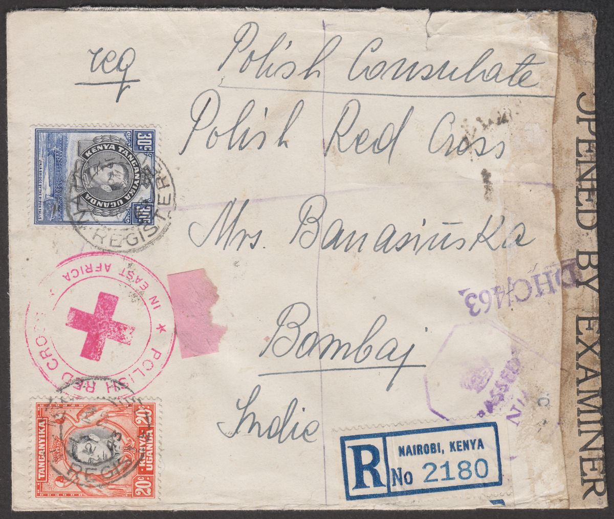 Kenya Uganda Tanganyika 1943 KGVI 30c 20c Used Regd Polish Red Cross Cover India