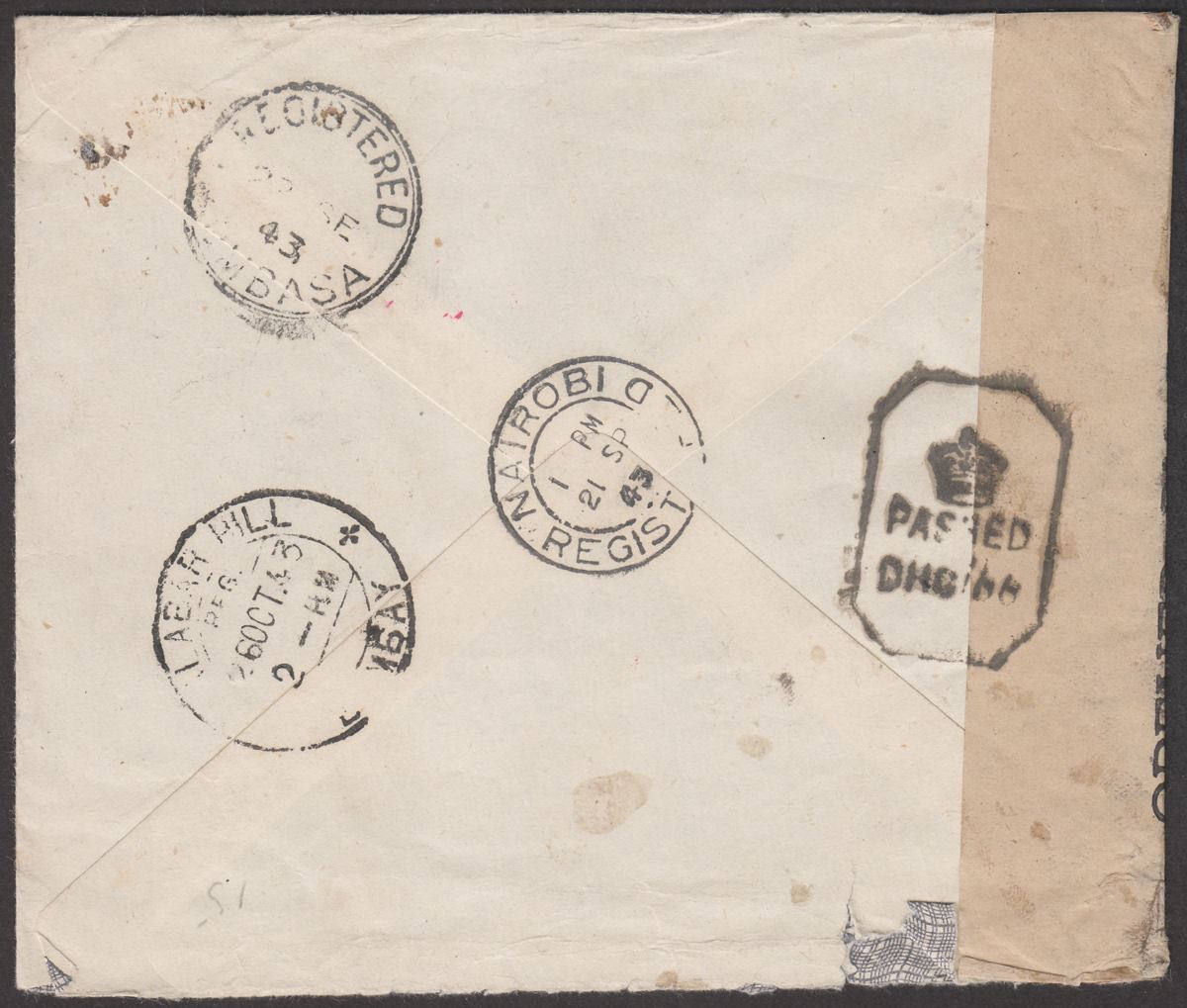 Kenya Uganda Tanganyika 1943 KGVI 30c 20c Used Regd Polish Red Cross Cover India