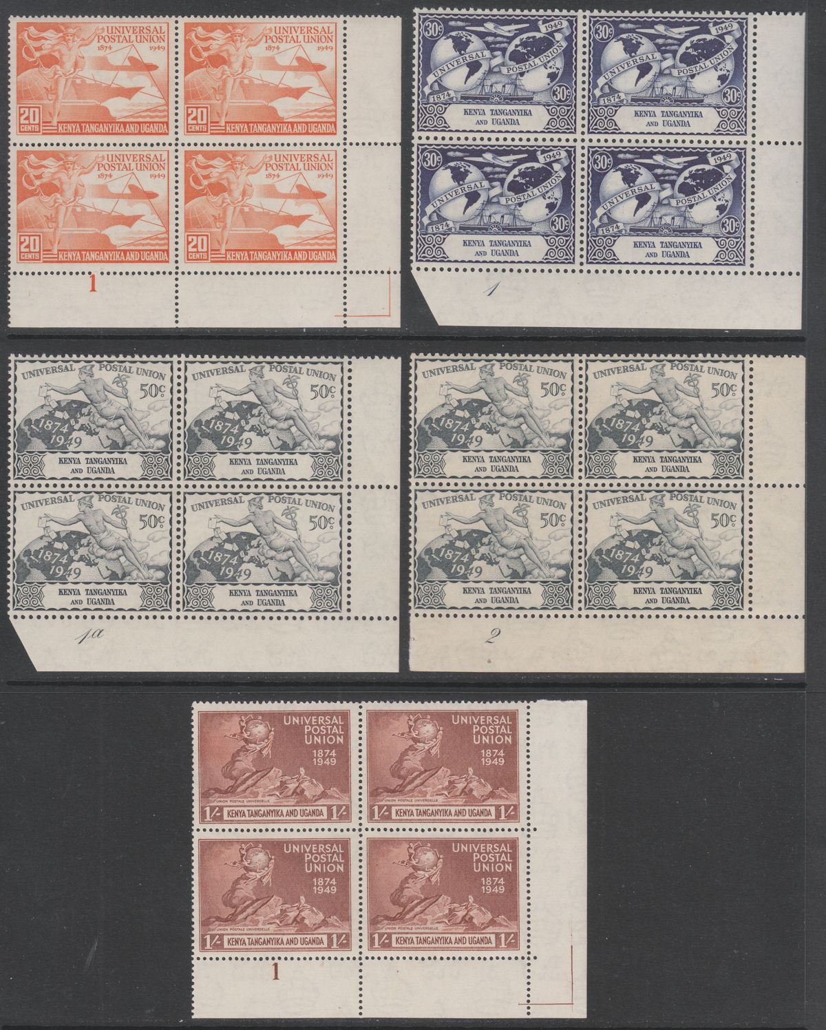 Kenya Uganda Tanganyika 1949 KGVI 75th Anniv of UPU Block Set Mint SG159-162