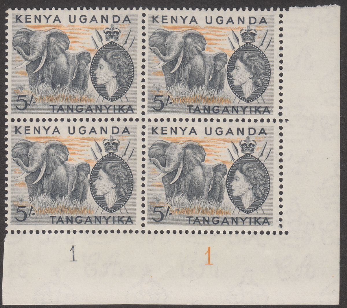 Kenya Uganda Tanganyika 1954 QEII 5sh Bl + Orange Plate Block 4 Mint SG178 c£180