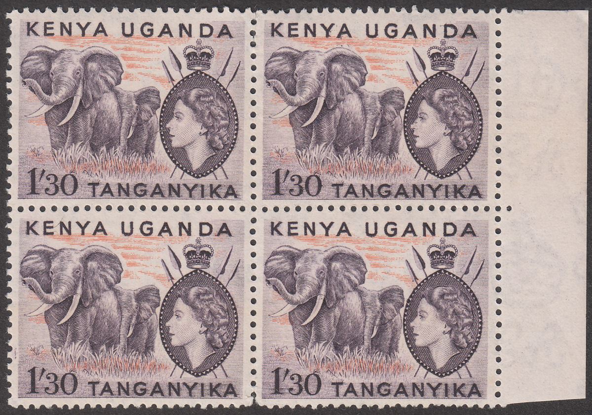 Kenya Uganda Tanganyika 1955 QEII 1sh30 Dp Lilac + Or Block of 4 Mint SG176 c£72