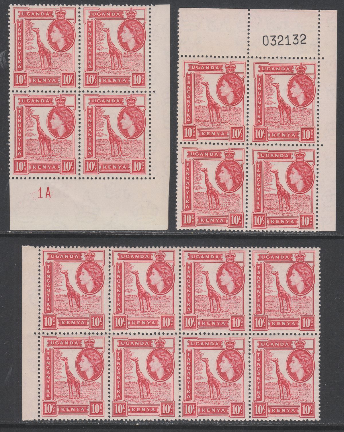 Kenya Uganda Tanganyika 1954 QEII 10c Plate 1A & Sheet No Blocks Mint SG168